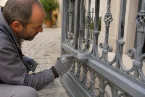 Un artisan applique minutieusement une peinture pour portail en fer de couleur gris anthracite sur une grille extérieure.