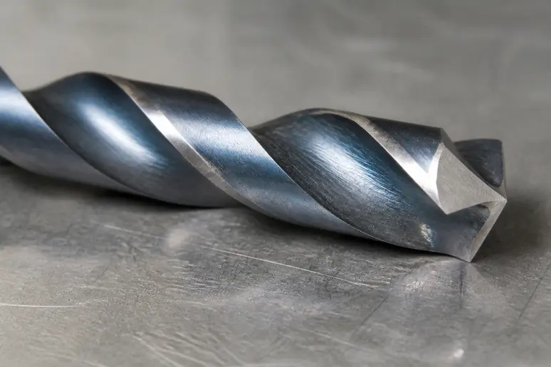 Foret au cobalt posé sur une tôle d'acier inoxydable prête à être percée