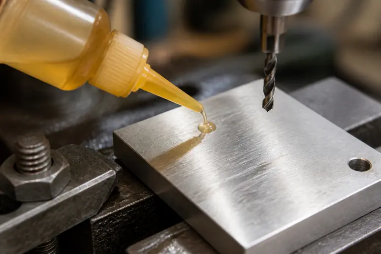 Application d'huile de coupe sur une plaque en inox avant le perçage