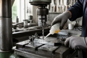 Un technicien dans un atelier en train de percer de l'inox avec précision sur une plaque d'acier.