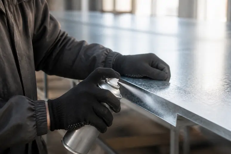 Application d'un spray galvanisant sur la tranche découpée d'une plaque en acier galvanisé
