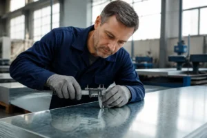 Un artisan mesure l'épaisseur d'une plaque acier galvanisé dans un atelier lumineux.