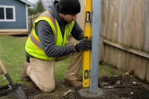 Installation d'un poteau galvanisé pour clôture résidentielle avec niveau à bulle sur un chantier
