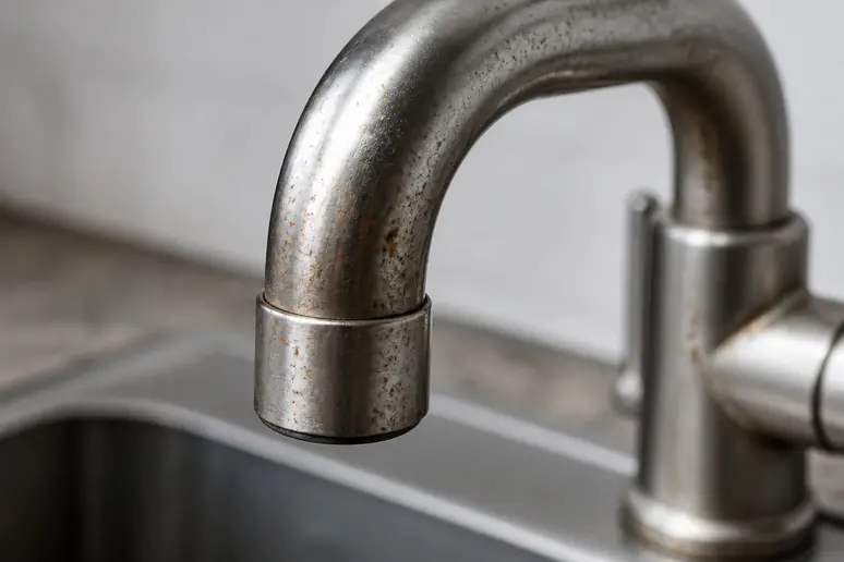 Robinet d'évier en inox présentant des taches de rouille, un exemple de pourquoi l'inox rouille.