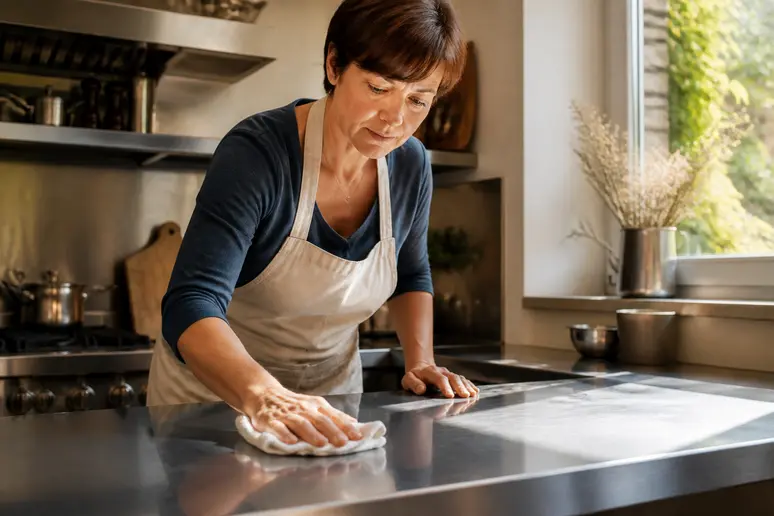 Femme nettoyant une surface en inox avec un chiffon, expliquant pourquoi l'inox rouille si mal entretenu.