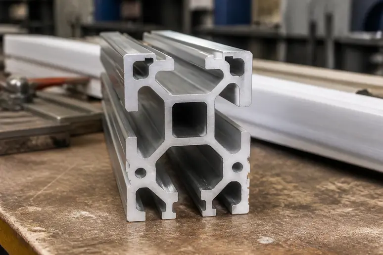 Profilé aluminium à rainure 8 posé sur un établi d'atelier