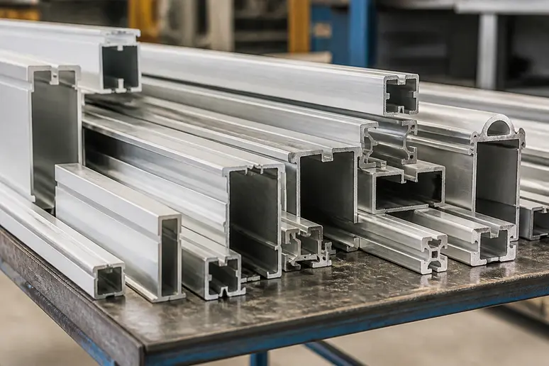 Différentes sections de profilés aluminium de dimensions variées alignées