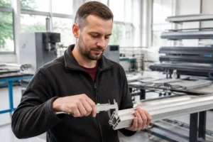 Technicien mesurant un profilé aluminium dans un atelier industriel lumineux