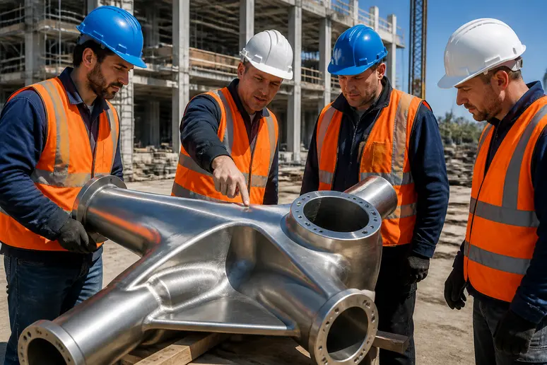 Travailleurs français examinant un composant en titane, un métal résistant à la corrosion, sur un chantier.