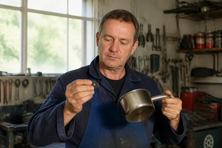 Un homme teste un aimant sur un ustensile pour reconnaître l'alu ou l'inox dans un garage.