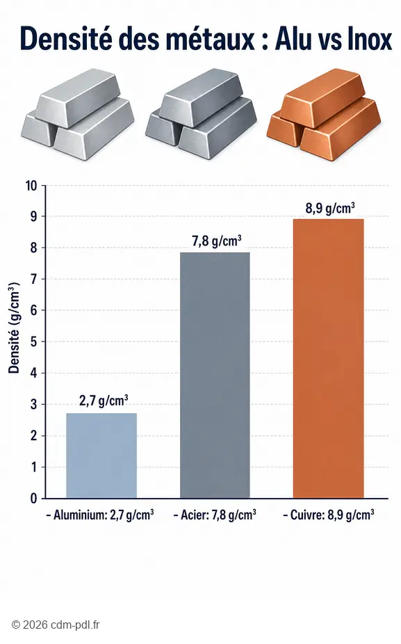 Comparer la densité de l'aluminium, de l'acier et du cuivre pour mieux reconnaître l'alu ou l'inox.
