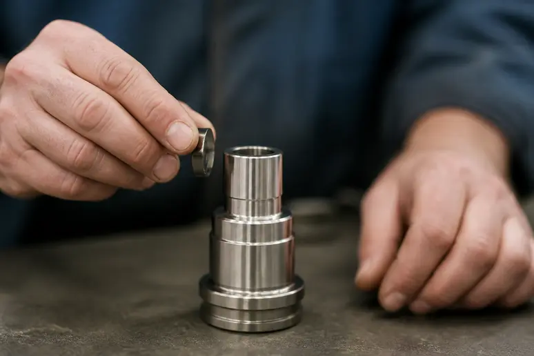 Approche d'un aimant sur une pièce pour identifier l'inox sans forcer.