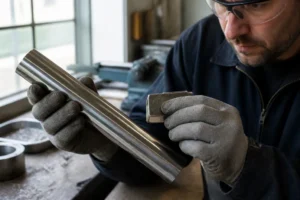 Un technicien teste une pièce métallique avec un aimant pour savoir comment reconnaître de l'inox dans un atelier.