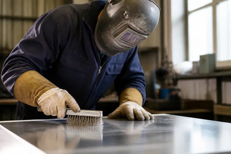 Brossage minutieux d'une tôle en aluminium avec une brosse en acier inoxydable pour préparer la surface avant de souder.