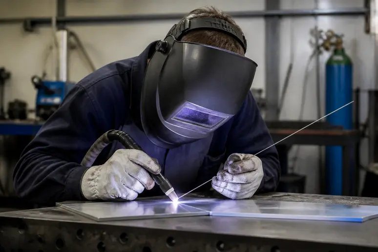 Opérateur réalisant une soudure TIG en courant alternatif sur une pièce fine en aluminium dans un atelier.