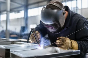 Un technicien qualifié en train de souder de l'aluminium avec précision dans son atelier industriel.