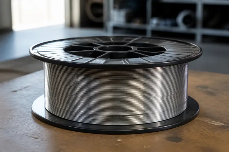 Bobine de fil de soudage 309L posée sur un établi dans un atelier lumineux