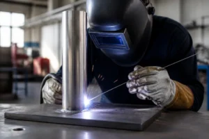 Un artisan qualifié en train de souder de l'inox sur une pièce en acier dans un atelier.