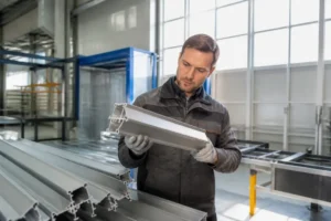 Ouvrier inspectant une pièce métallique après un thermolaquage aluminium dans un atelier moderne.