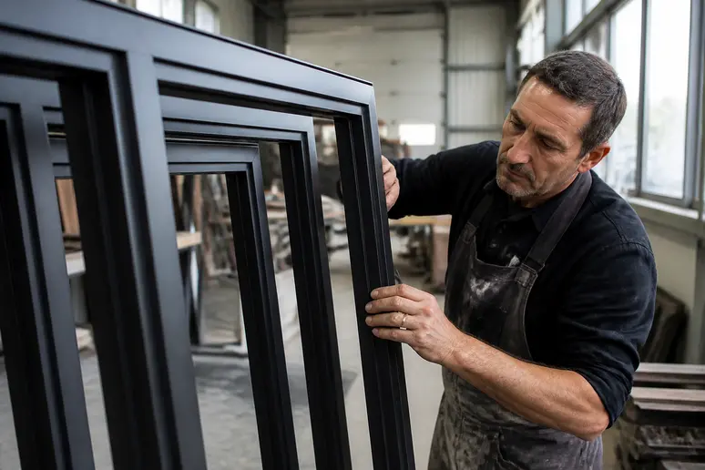 Artisan français inspectant des menuiseries en aluminium après thermolaquage ou peinture, garantissant une finition parfaite.