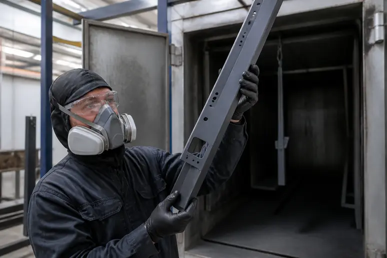 Opérateur inspectant une pièce métallique avant son passage au four de thermolaquage