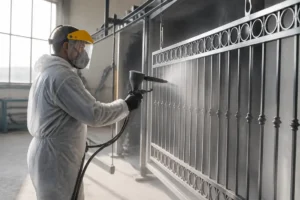 Un artisan applique un traitement de thermolaquage prix au m2 sur un portail en métal dans un atelier lumineux