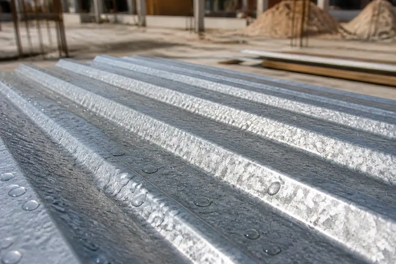 Gros plan sur la surface d'une tôle galvanisée présentant des traces d'humidité en extérieur.