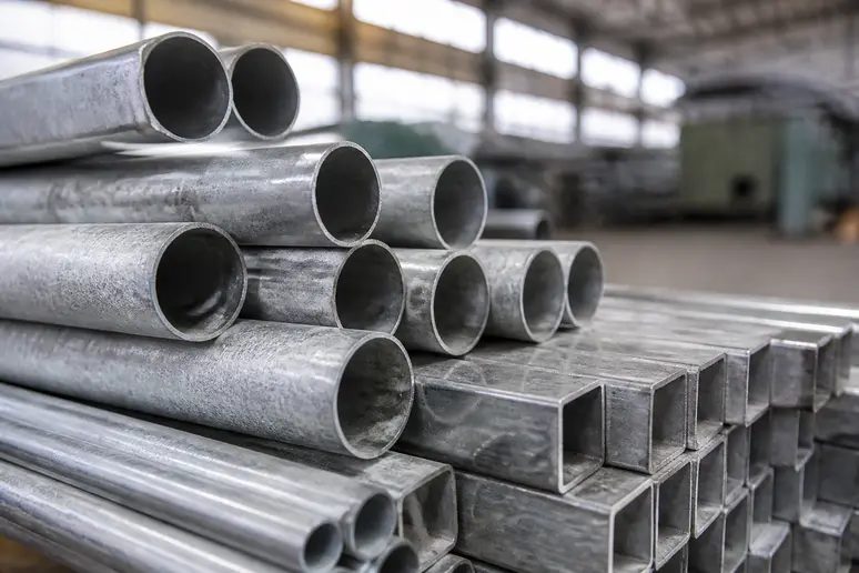 Exemple de tube acier galvanisé rond et carré stocké dans un atelier avant montage