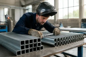 artisan mesurant un tube acier galvanisé rond et carré dans un atelier lumineux