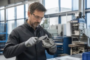 Technicien mesurant une pièce en zamak dans un atelier de fabrication industrielle