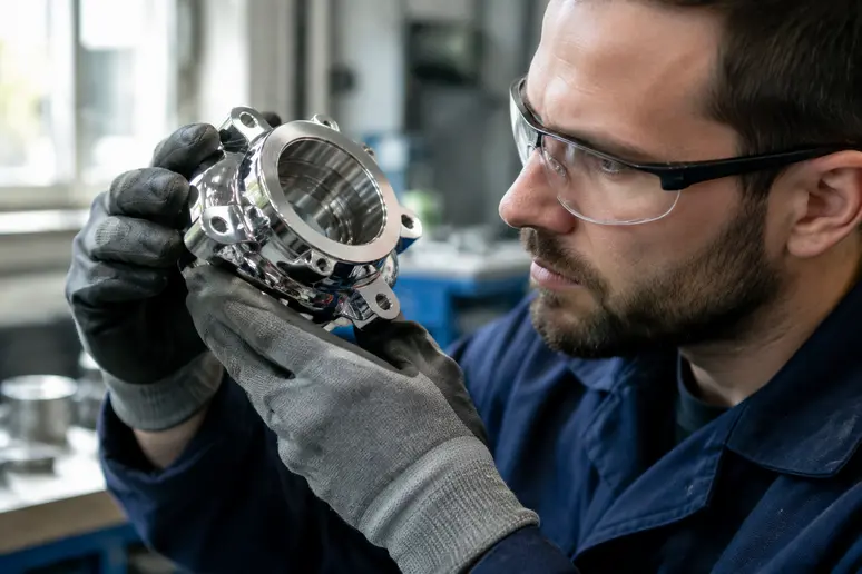 Pièce métallique industrielle après un chromage dur dans un atelier