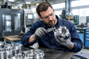 Technicien inspectant une pièce métallique après un processus de chromage dans un atelier industriel