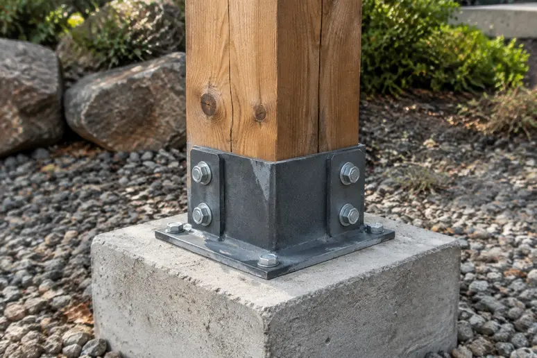Installation d'une base de poteau pour protéger la charpente de l'humidité