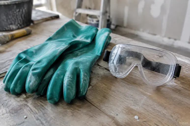 Paire de gants résistants et lunettes de protection pour manipuler un décapant chimique