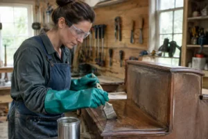 Artisan portant des équipements de protection lors d'une opération de décapage chimique sur un meuble en bois en atelier