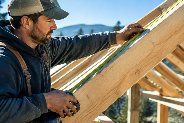 Un charpentier mesure la longueur d'un pan de toiture pour calculer le nombre de chevrons nécessaires