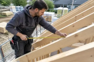 Charpentier mesurant l'entraxe chevrons sur une charpente en bois de toiture