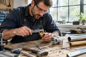 Un artisan inspecte des métaux incompatibles sur son établi dans un atelier bien éclairé.