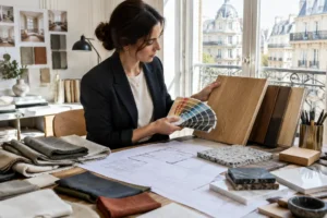 Un architecte consulte un nuancier RAL physique dans un atelier baigné de lumière naturelle