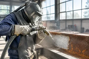 Technicien en équipement de protection effectuant un sablage métal sur une poutre rouillée dans un atelier
