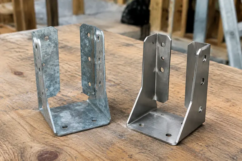 Deux sabots de charpente en acier galvanisé et en inox posés sur un établi en bois