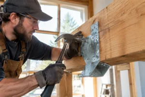 Pose d'un sabot charpente en acier galvanisé sur une poutre en bois par un artisan.