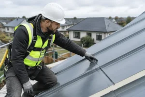 Pose d'un bac acier isolé sur une toiture en chantier résidentiel par un couvreur