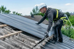 un artisan installe des panneaux de bac acier ou fibrociment sur une toiture résidentielle en rénovation