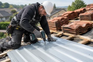artisan installant des plaques sur un chantier pour comparer bac acier ou tuile sur une toiture