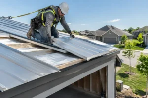 Un artisan installe des panneaux de bac acier pour garage sur une toiture résidentielle.
