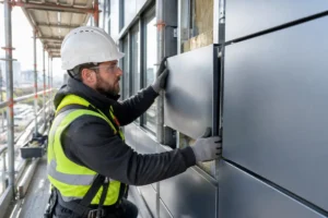 Ouvrier installant des panneaux de bardage à cassettes en façade ventilée sur un chantier.