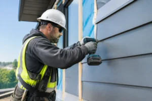 Pose professionnelle de panneaux de bardage clin métal sur la façade isolée d'une maison moderne