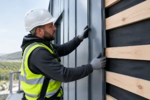 Pose d'un bardage joint debout en zinc sur une façade avec lame d'air ventilée