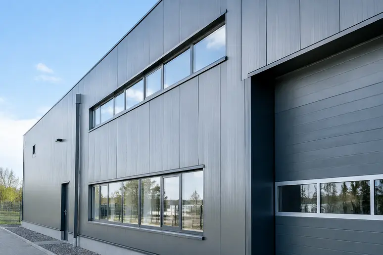 Bâtiment industriel habillé d'un bardage métallique moderne en extérieur.